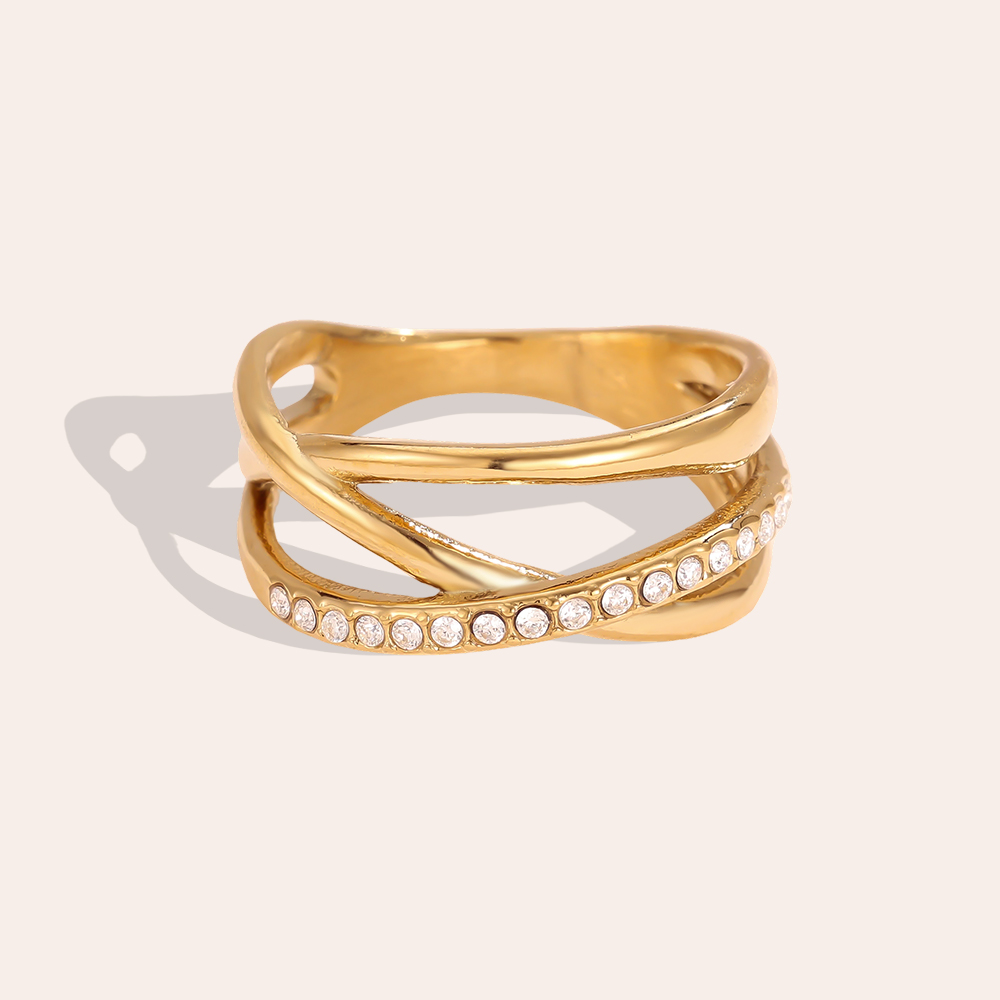 Crossed rhinestone stainless steel ring