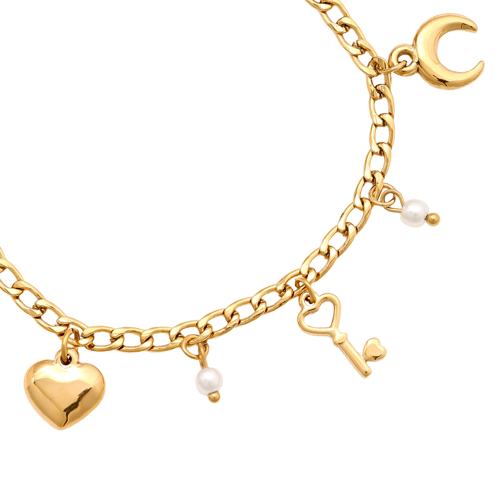 17cm heart moon key and pearl stainless steel bracelet  