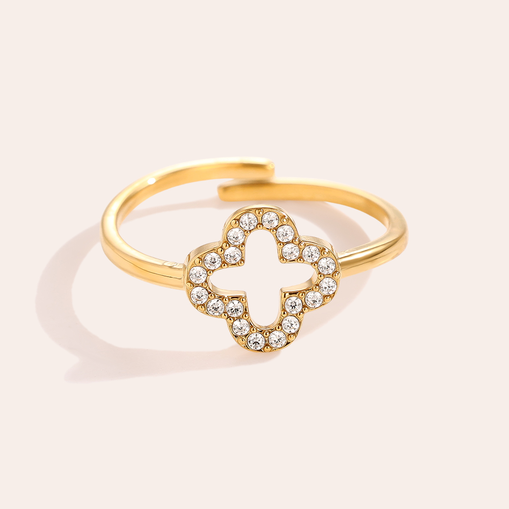Adjustable zirconia cloverleaf stainless steel ring