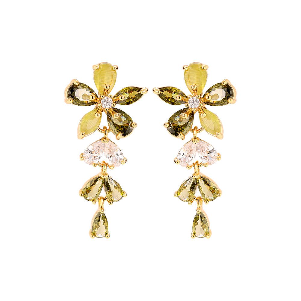 3.2cm green zirconia flowers gold-plated earrings  