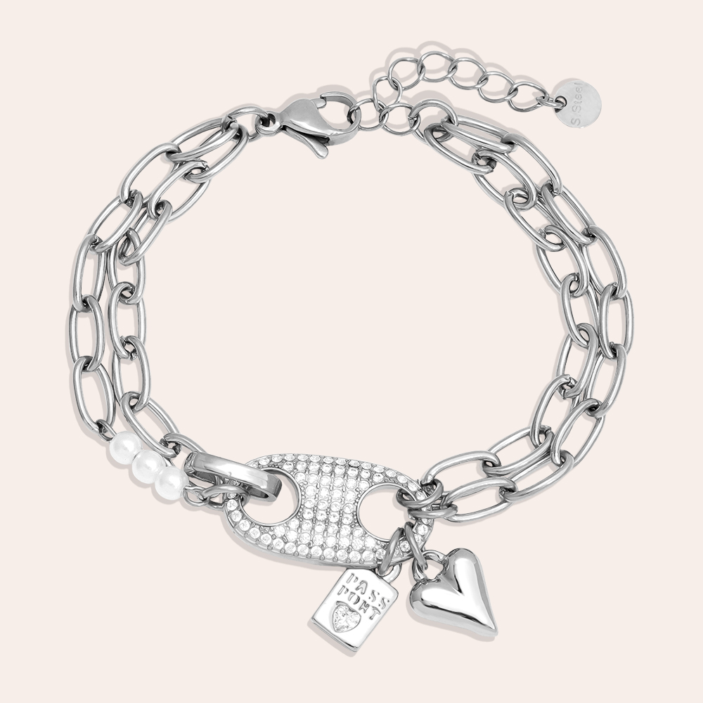 16cm Diamond Pig Nose With Charms Stainless Steel Bracelet     