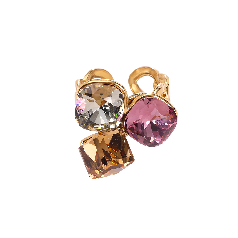 Stainless steel ring, adjustable, with three large glass stones in different colours