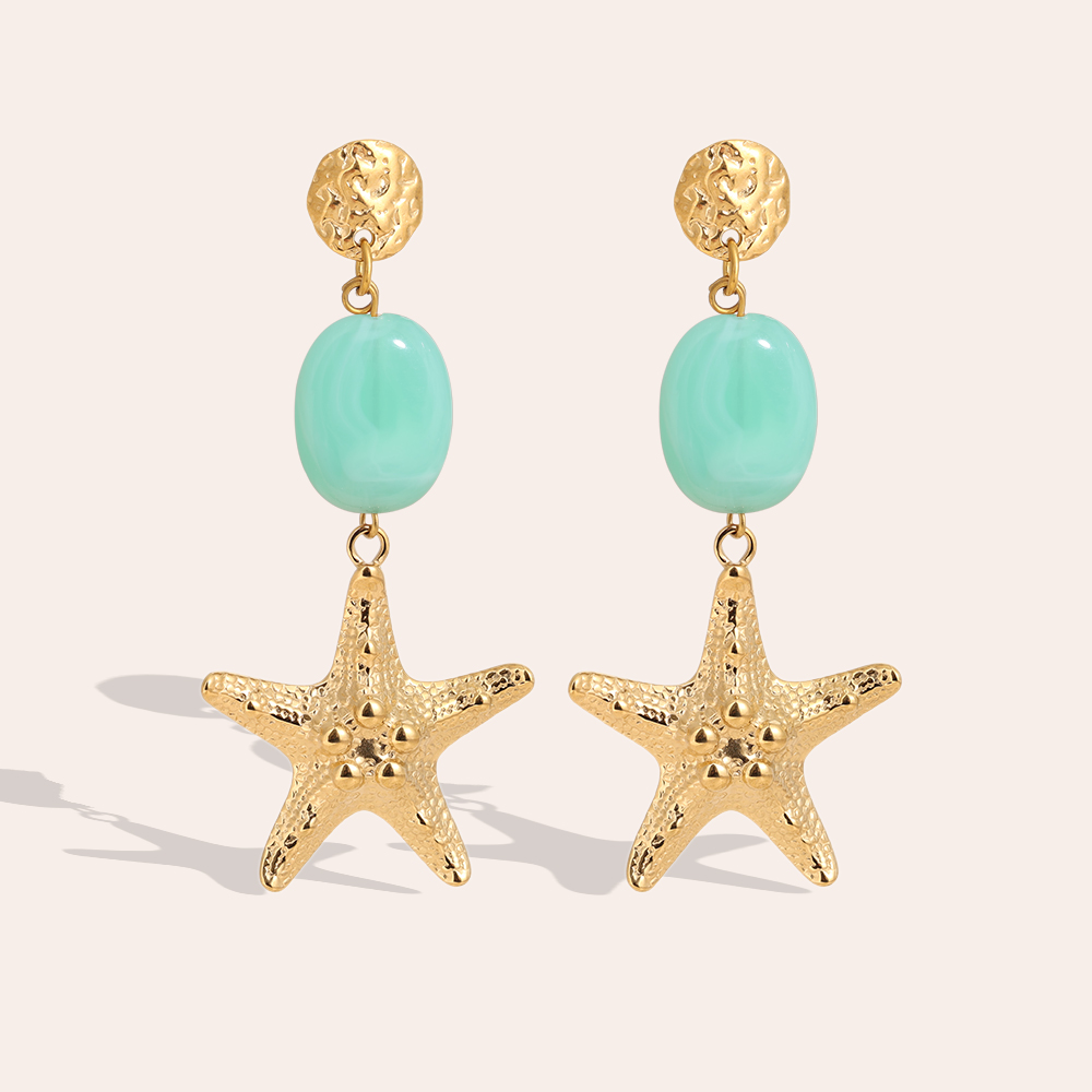 7cm large starfish and green acrylic stainless steel earrings     