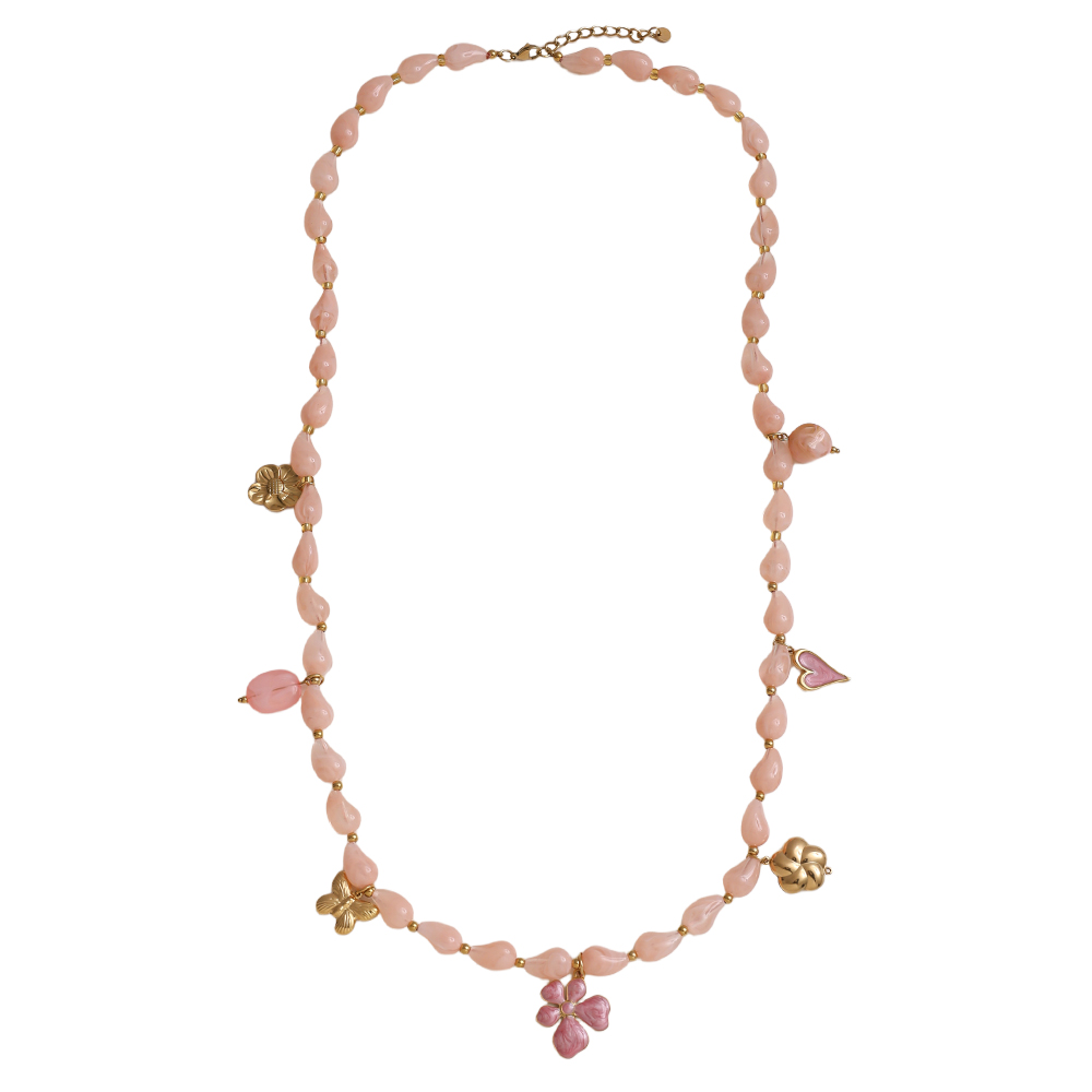 89cm necklace with resin drops and golden butterfly, flower, heart stainless steel necklace     