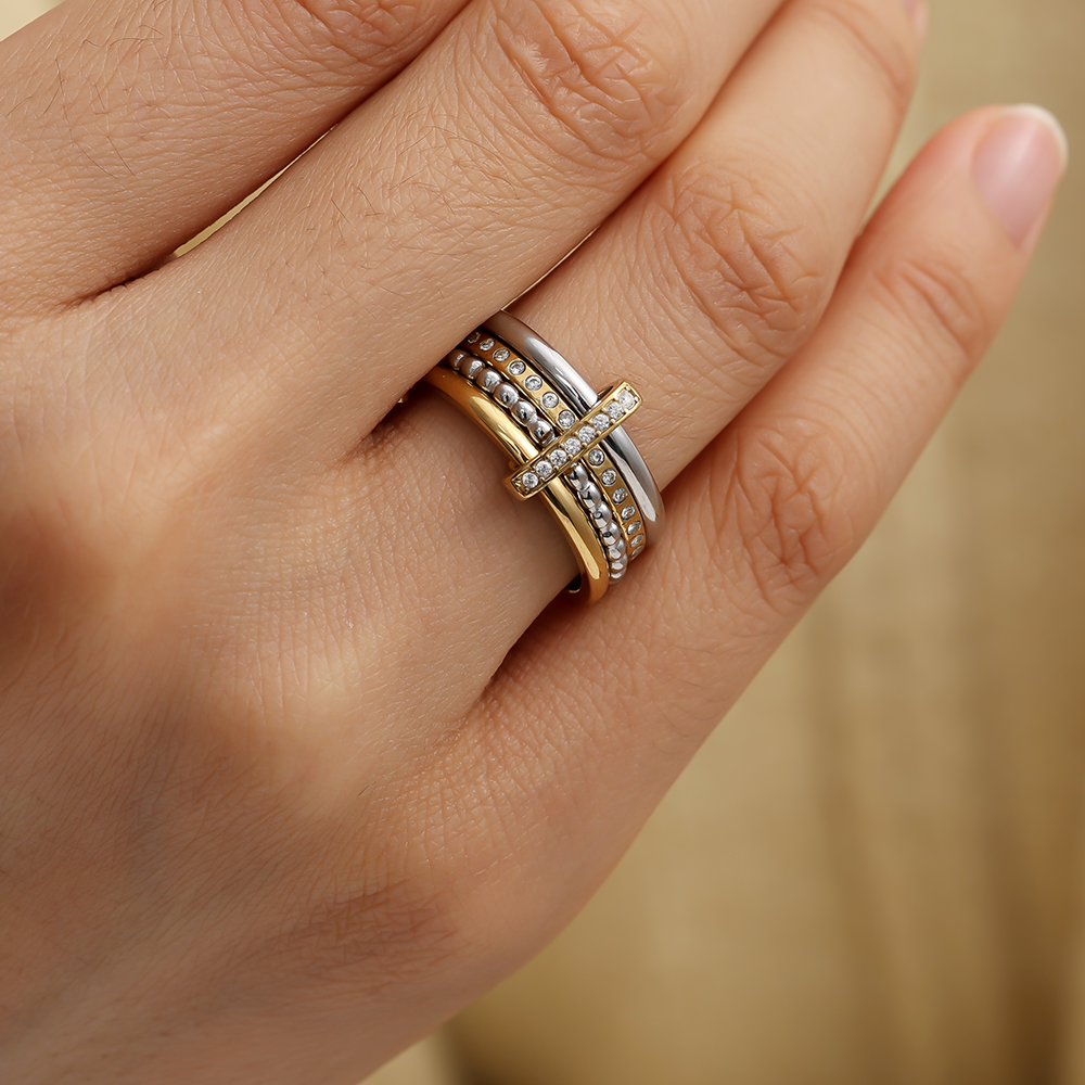 Various Layer Gold And Silver Diamond Lock Ring Set Stainless Steel Ring    