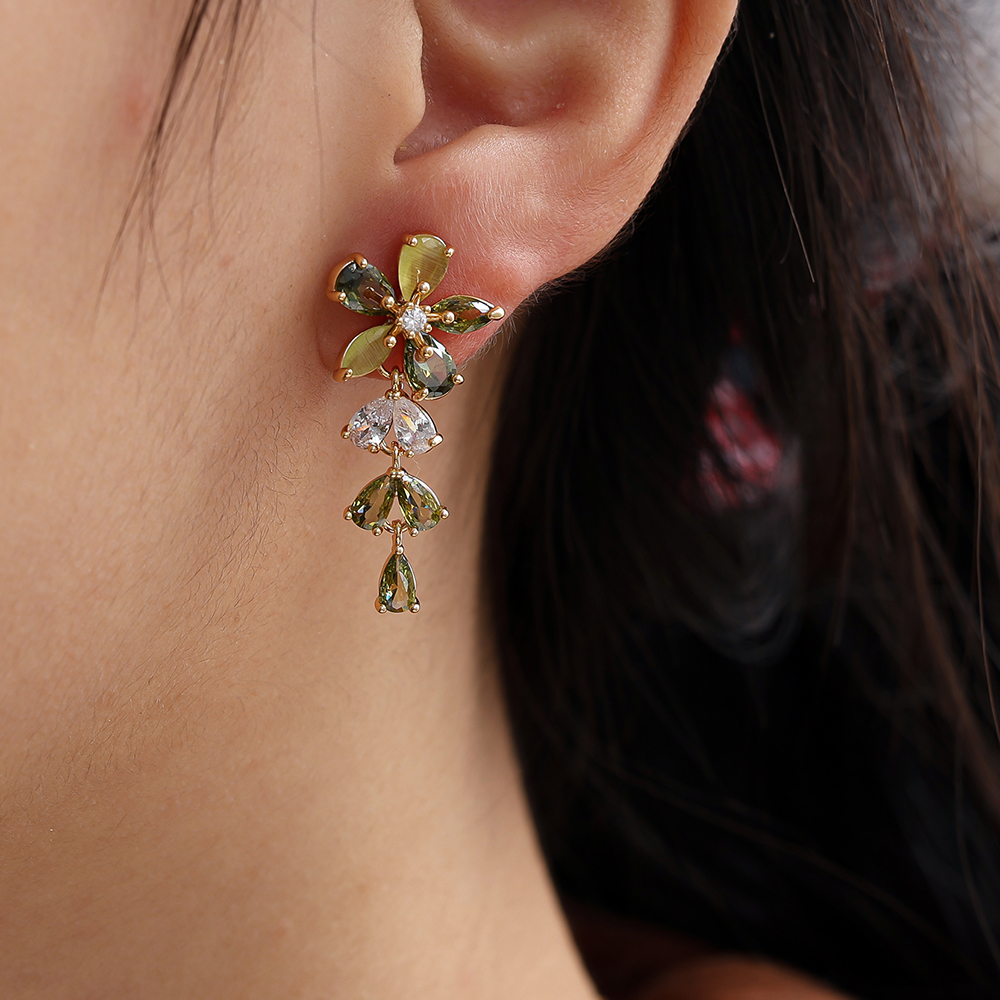 3.2cm green zirconia flowers gold-plated earrings  