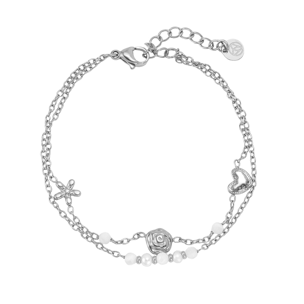 16.5cm flower rose heart beads double chain stainless steel bracelet