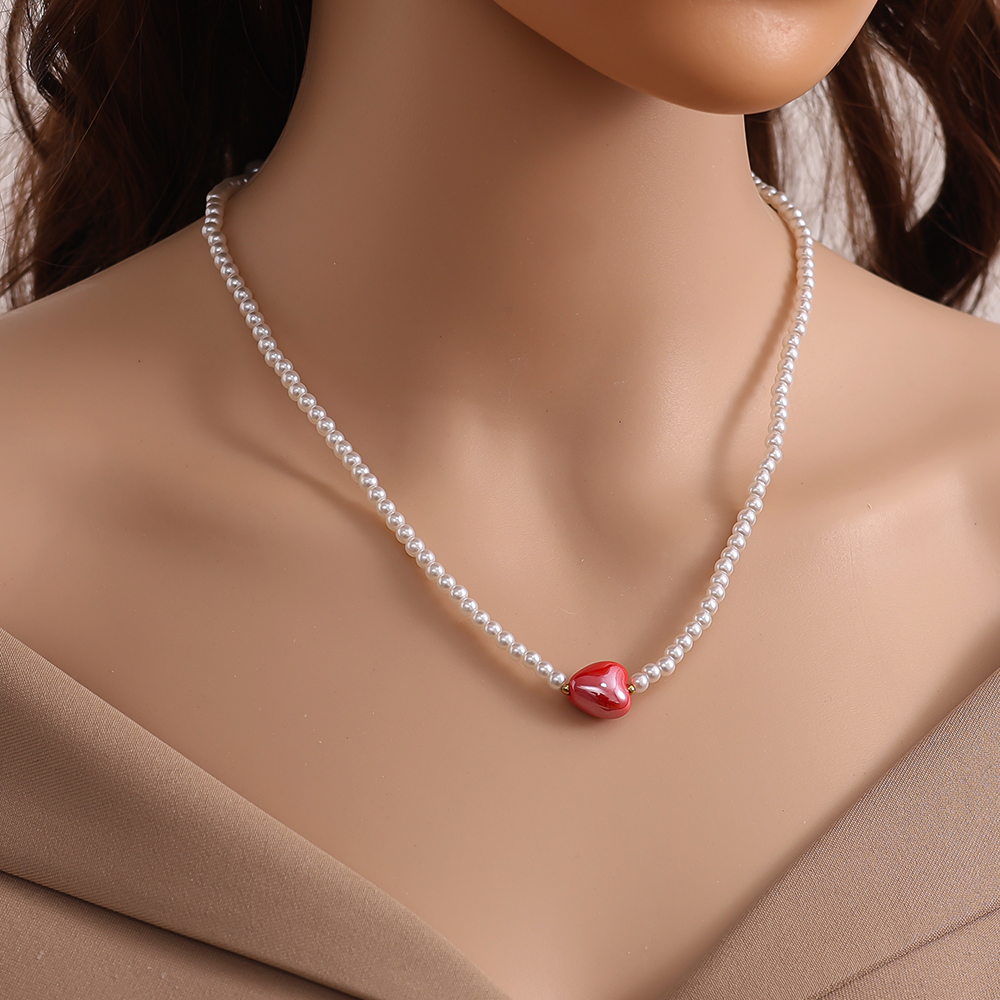 40cm Red Heart In Small Pearl Chain Stainless Steel Necklace 