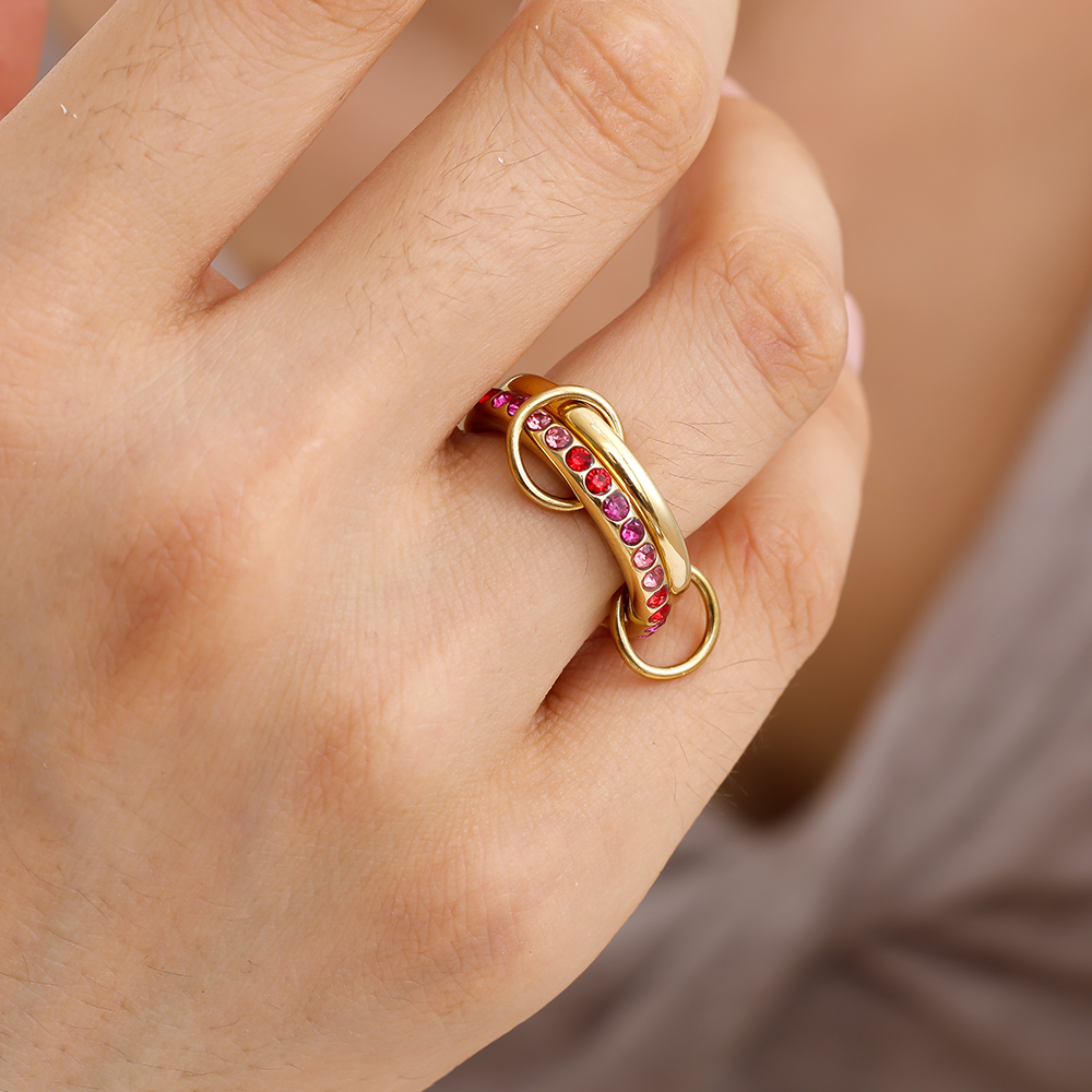 Two Layer Red Colour Gradient Diamond Stainless Steel Ring    