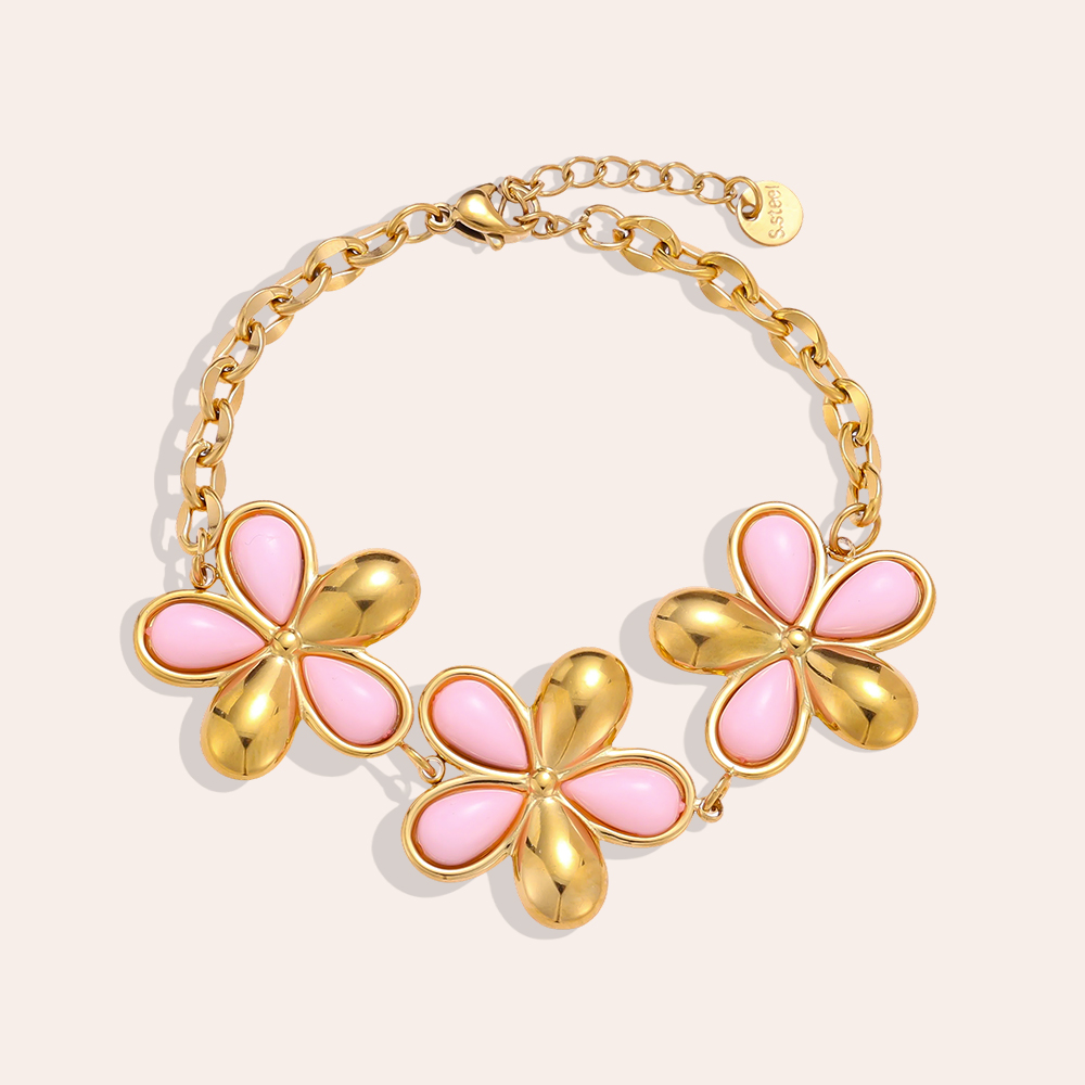 Stainless steel bracelet 17cm pink flower