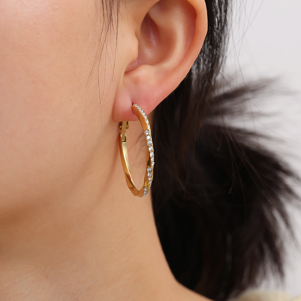 3.4cm Light Twist Diamond Hoop Stainless Steel Earrings     