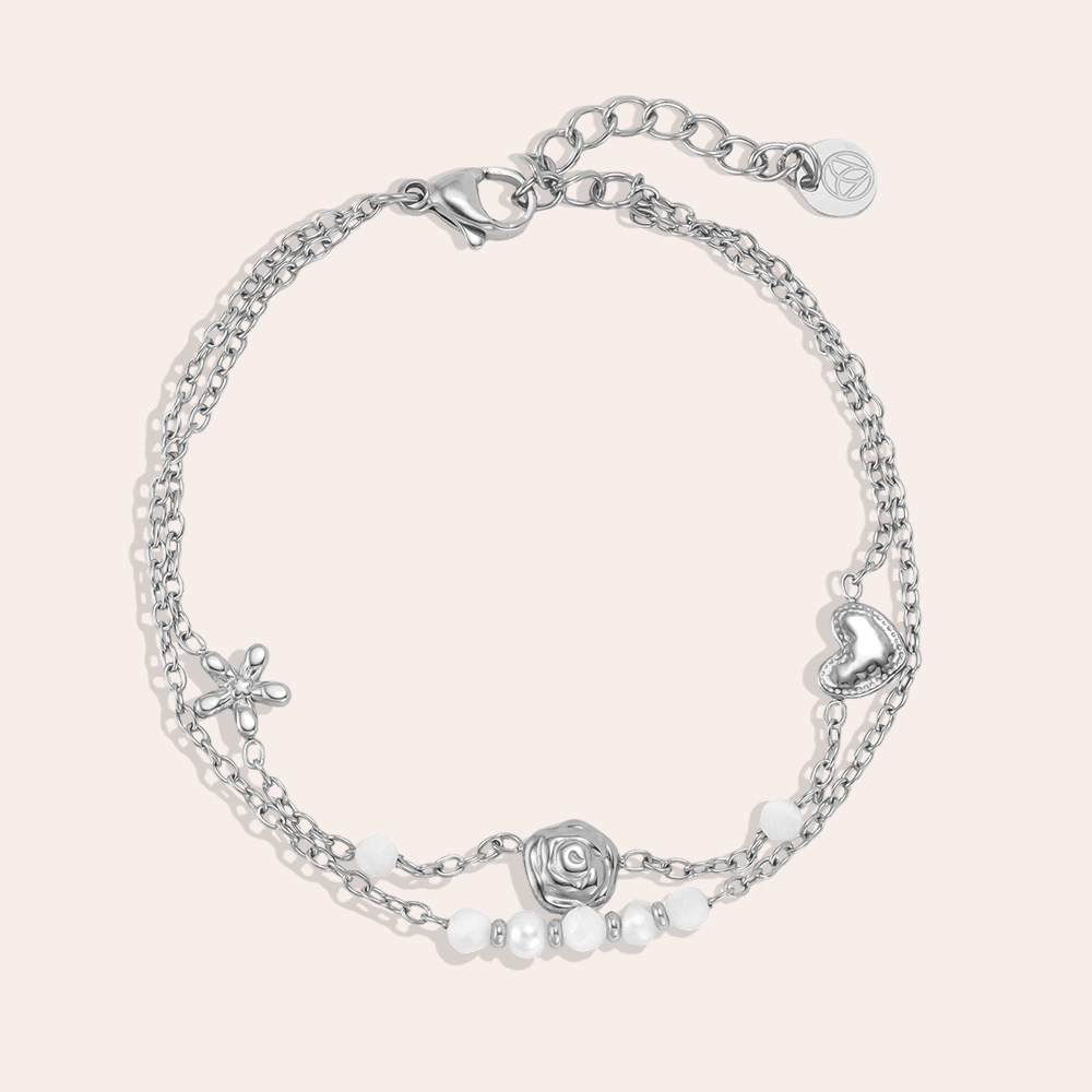 16.5cm flower rose heart beads double chain stainless steel bracelet