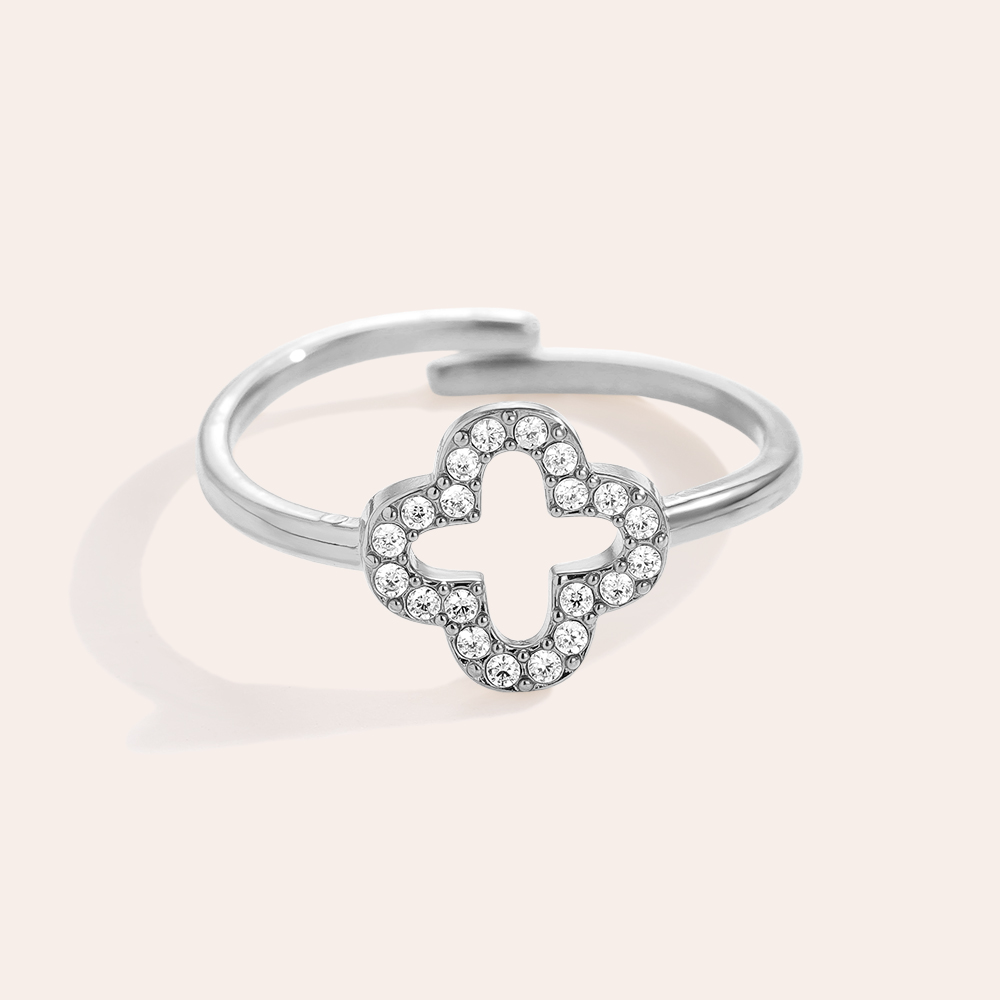 Adjustable zirconia cloverleaf stainless steel ring