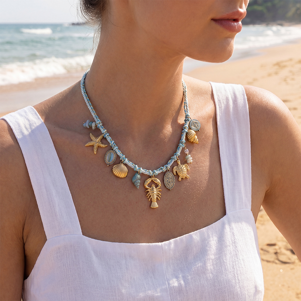 42cm blue ocean style stainless steel necklace     