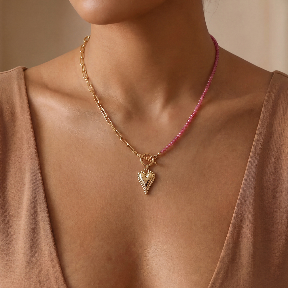 40cm Coloured Beads Heart Stainless Steel Necklace