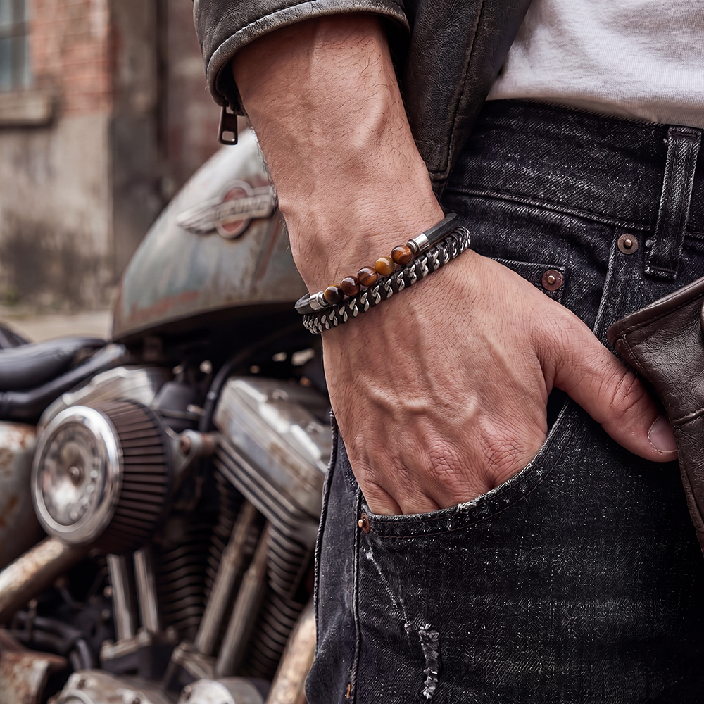 Stainless Steel Bracelet with PU Multi-Layered Chain and Natural Stone