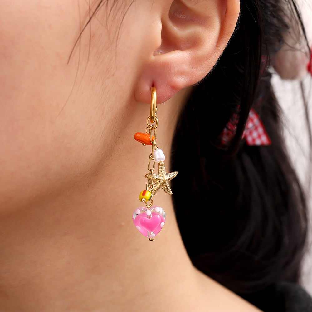 56*12mm acrylic heart and starfish stainless steel earrings