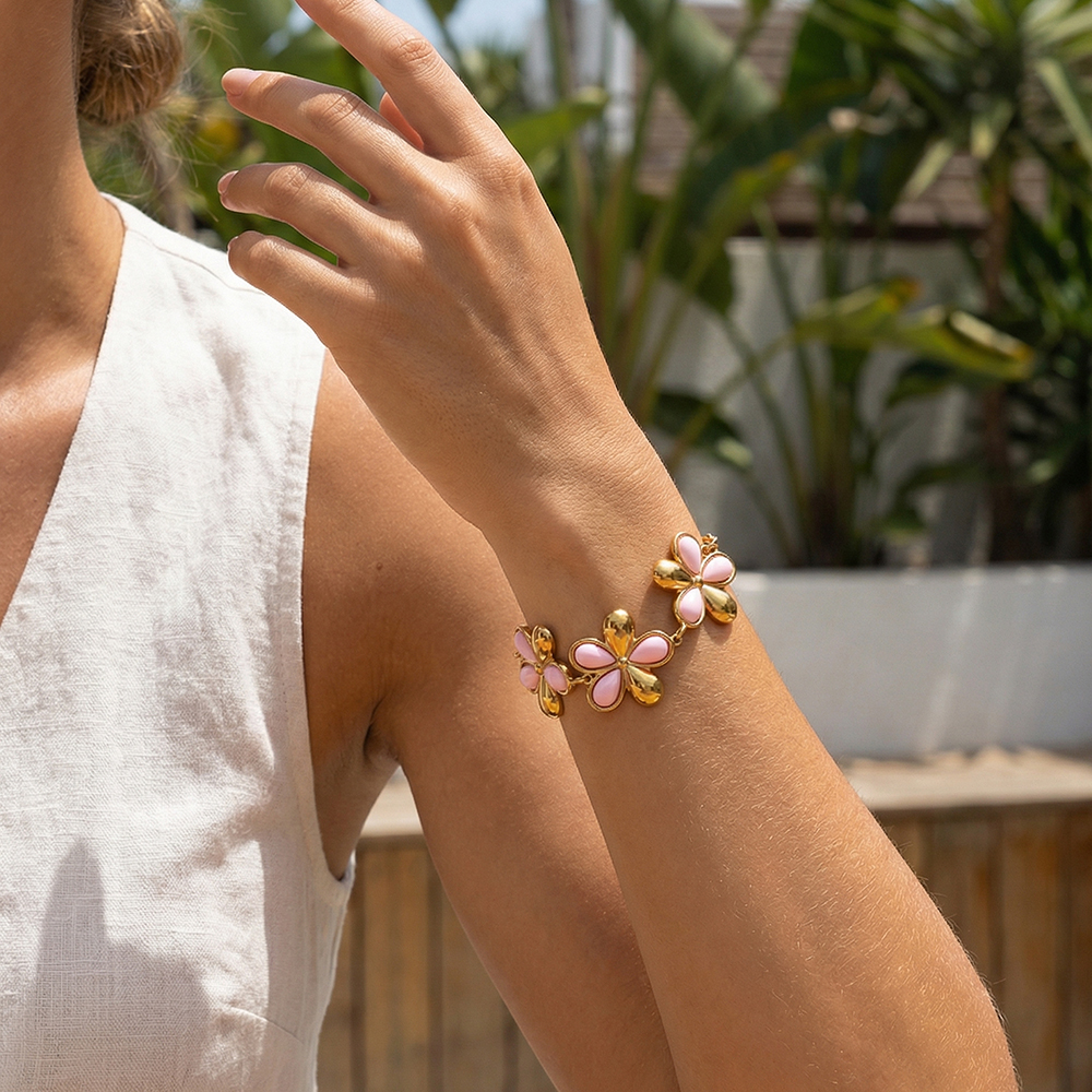 Stainless steel bracelet 17cm pink flower