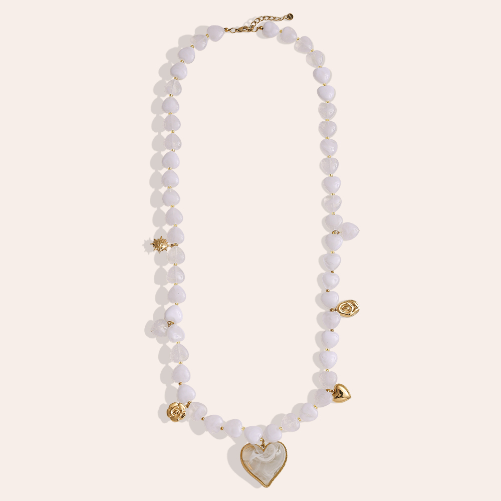 87cm small resin hearts and pendants stainless steel necklace     