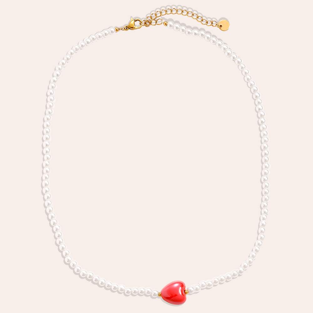 40cm Red Heart In Small Pearl Chain Stainless Steel Necklace 