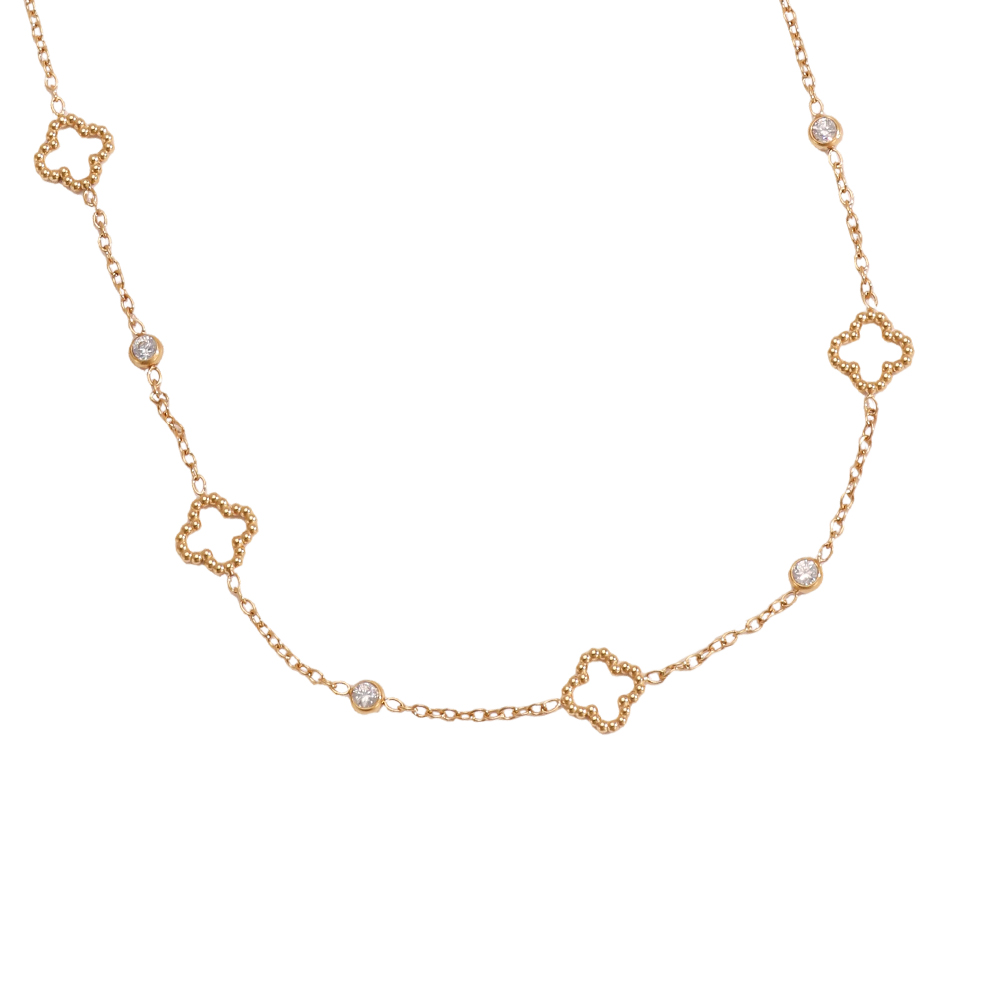 Stainless steel necklace, 39cm, small shamrock with mini cubic zirconia