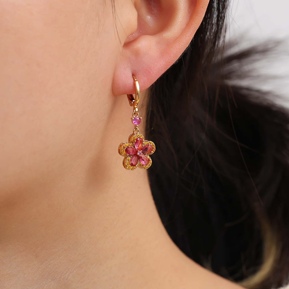 3.5cm pink zirconia flower gold-plated earrings 