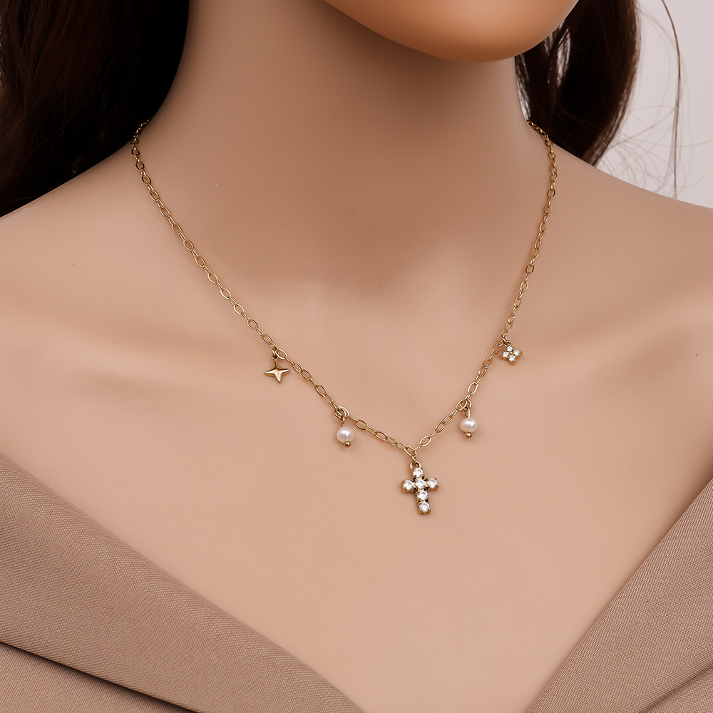 40cm Diamond Cross And Charms Stainless Steel Necklace   