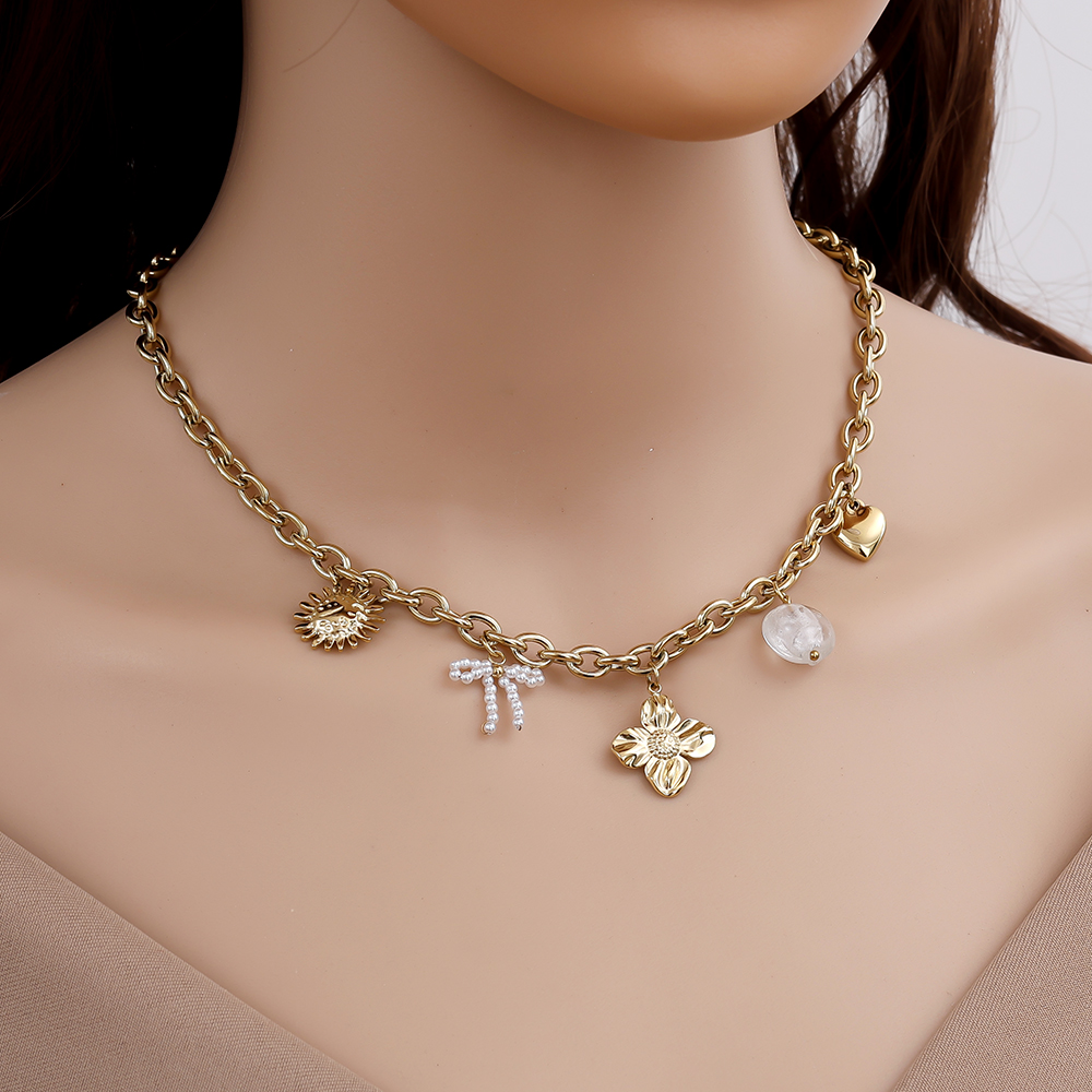 43cm sun, flower, heart and pearl pendant stainless steel necklace
