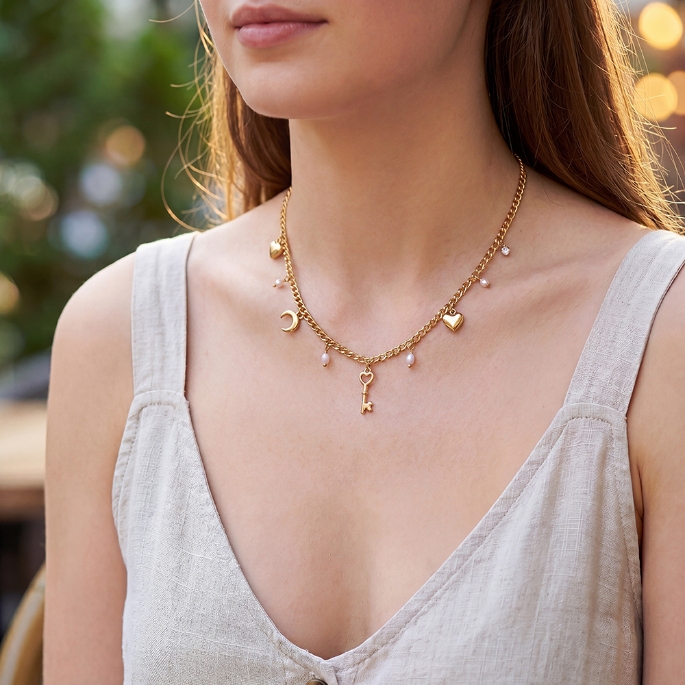 41cm heart moon key and pearl stainless steel necklace