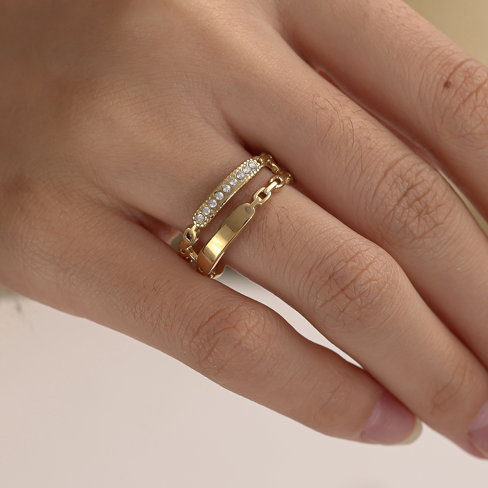 Adjustable double chain zirconia stainless steel ring