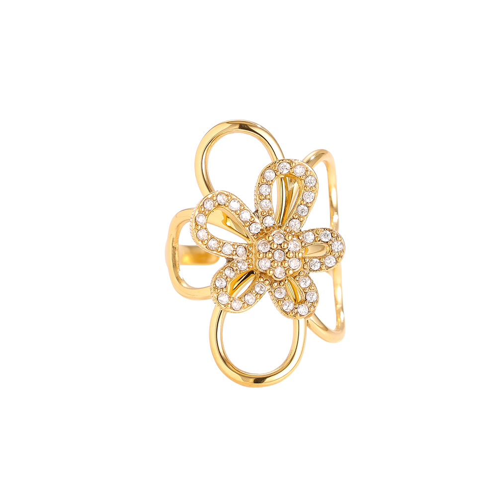 Adjustable rhinestone flower stainless steel ring    