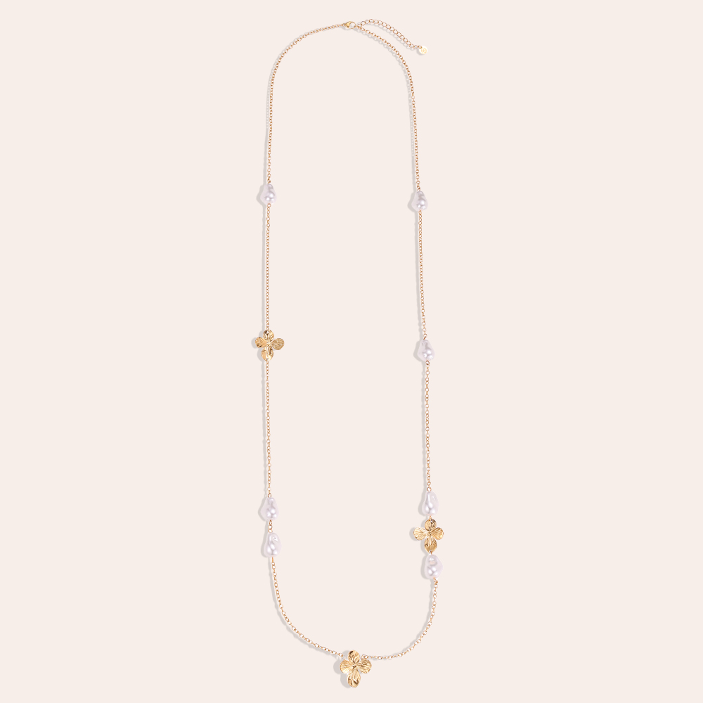 Stainless steel necklace 95cm flowers and pearls