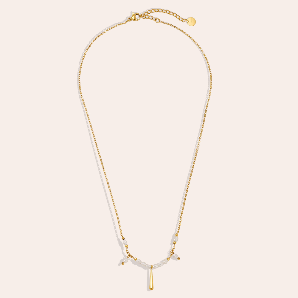 Stainless steel necklace, 42cm, with lots of small beads and a gold pin