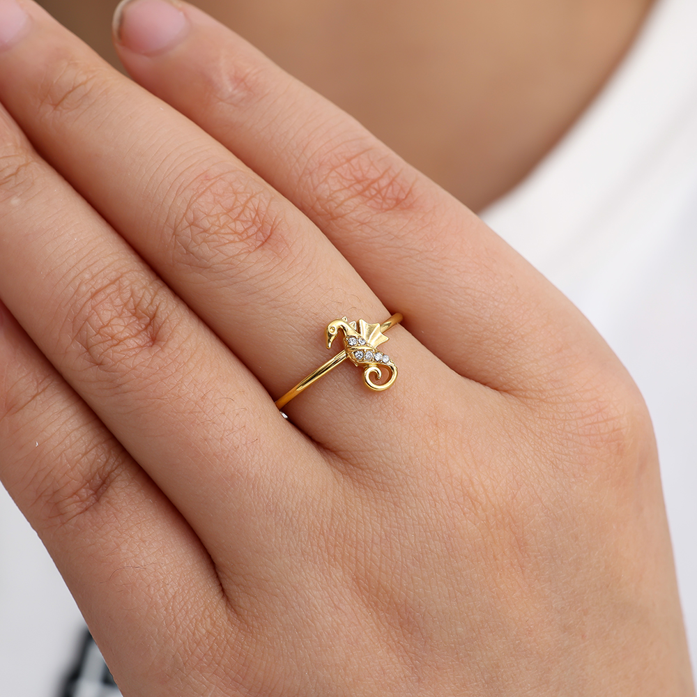 Diamond Sea Horse stainless steel ring    