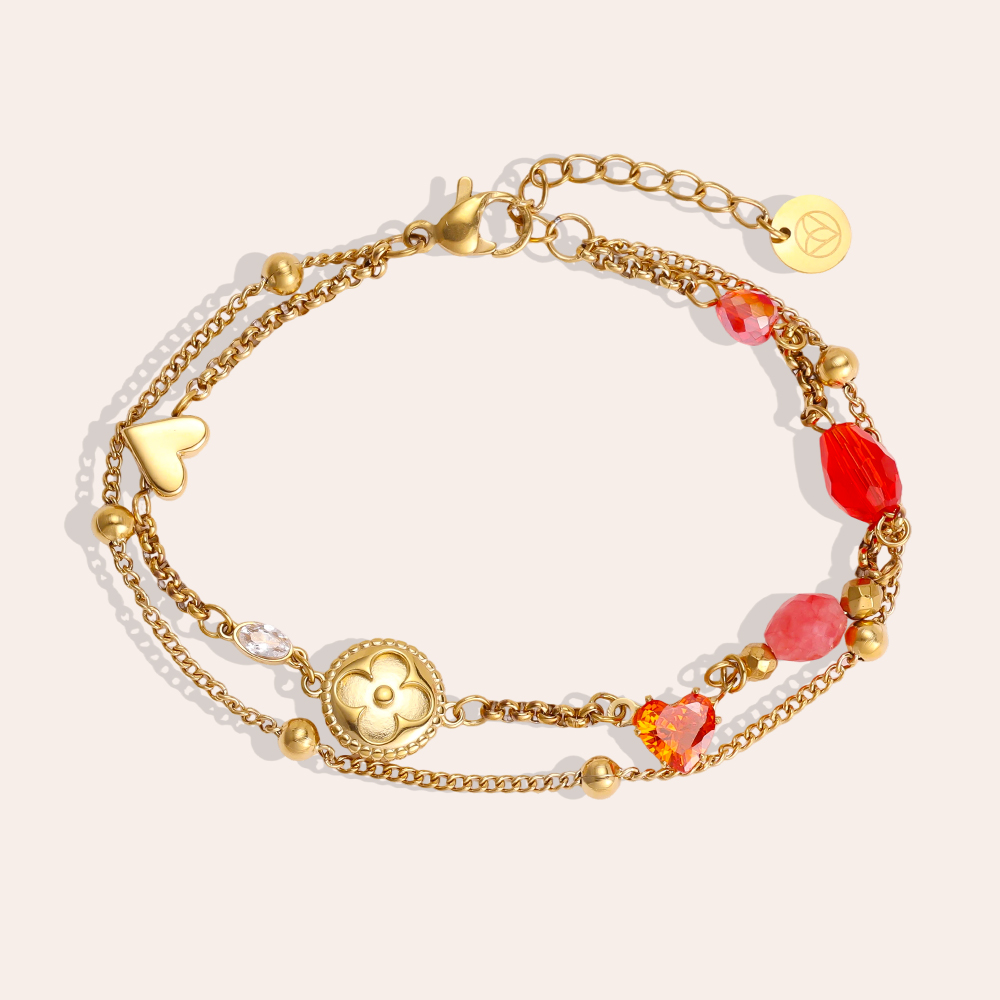 Stainless steel bracelet, 17 cm, with a heart and red crystal beads