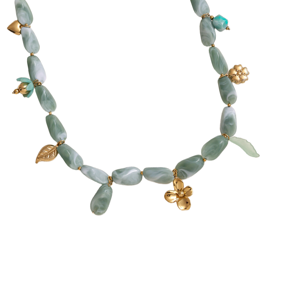 90cm elongated acrylic pieces and golden flower pendant stainless steel necklace      