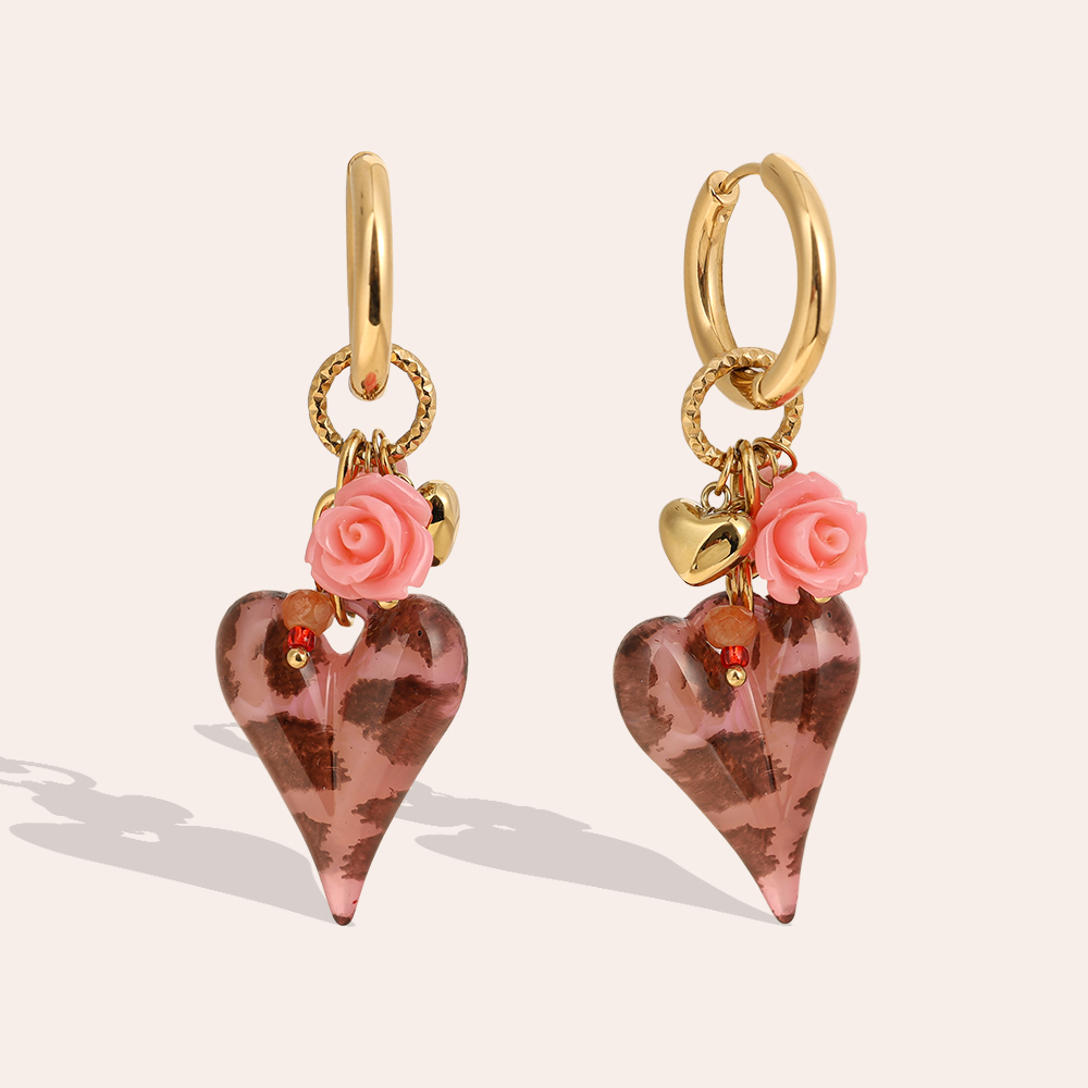 5.5*2cm Acrylic Pink Leopard Print Heart Stainless Steel Earrings   