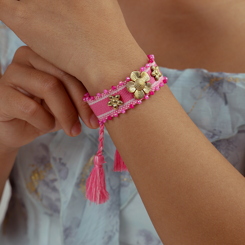 Flowers on a polyester bag Stainless steel bracelet    