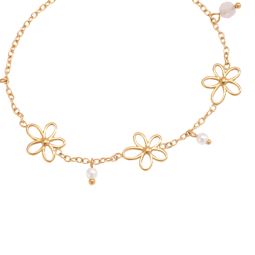 Stainless steel bracelet 17cm Simple flowers and beads