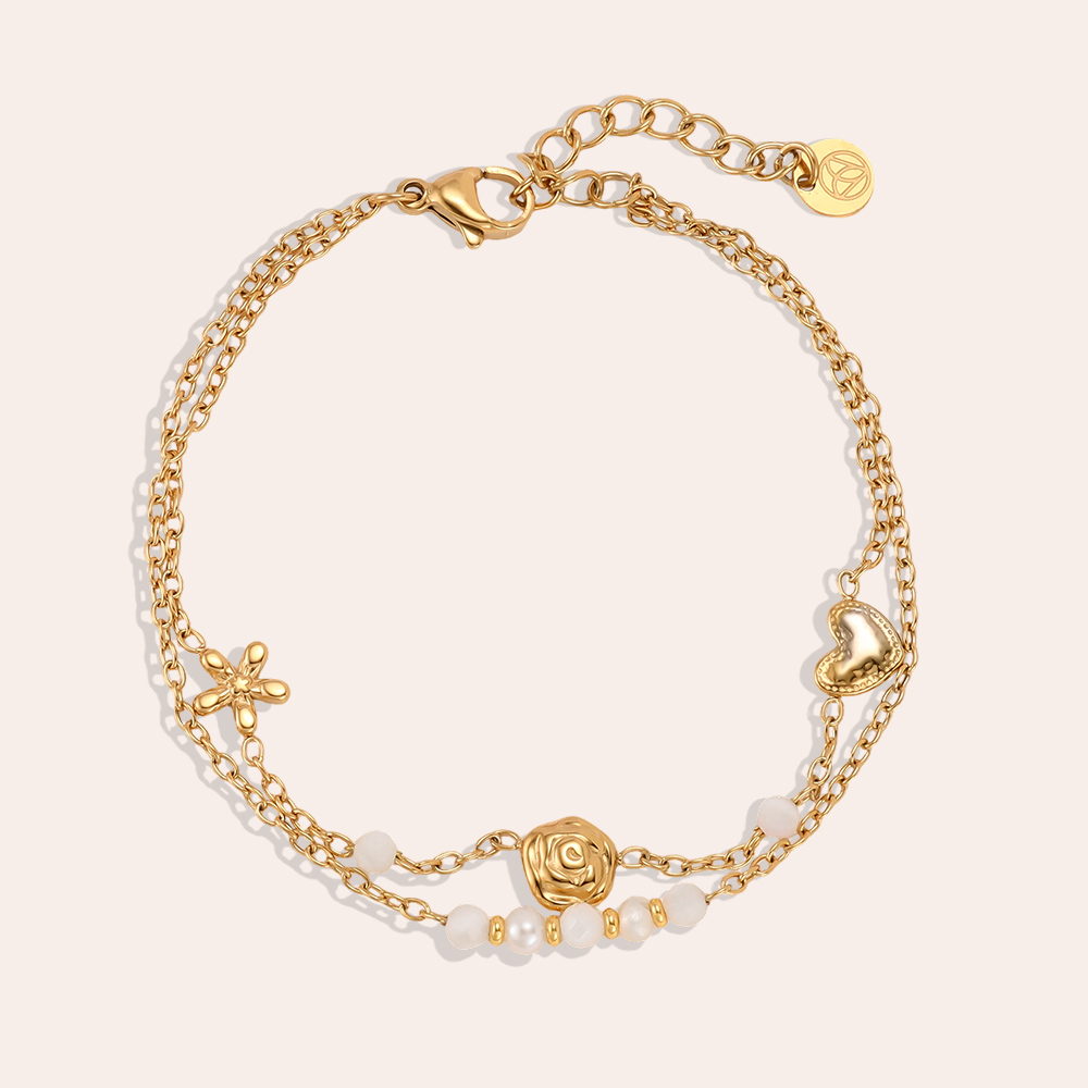 16.5cm flower rose heart beads double chain stainless steel bracelet