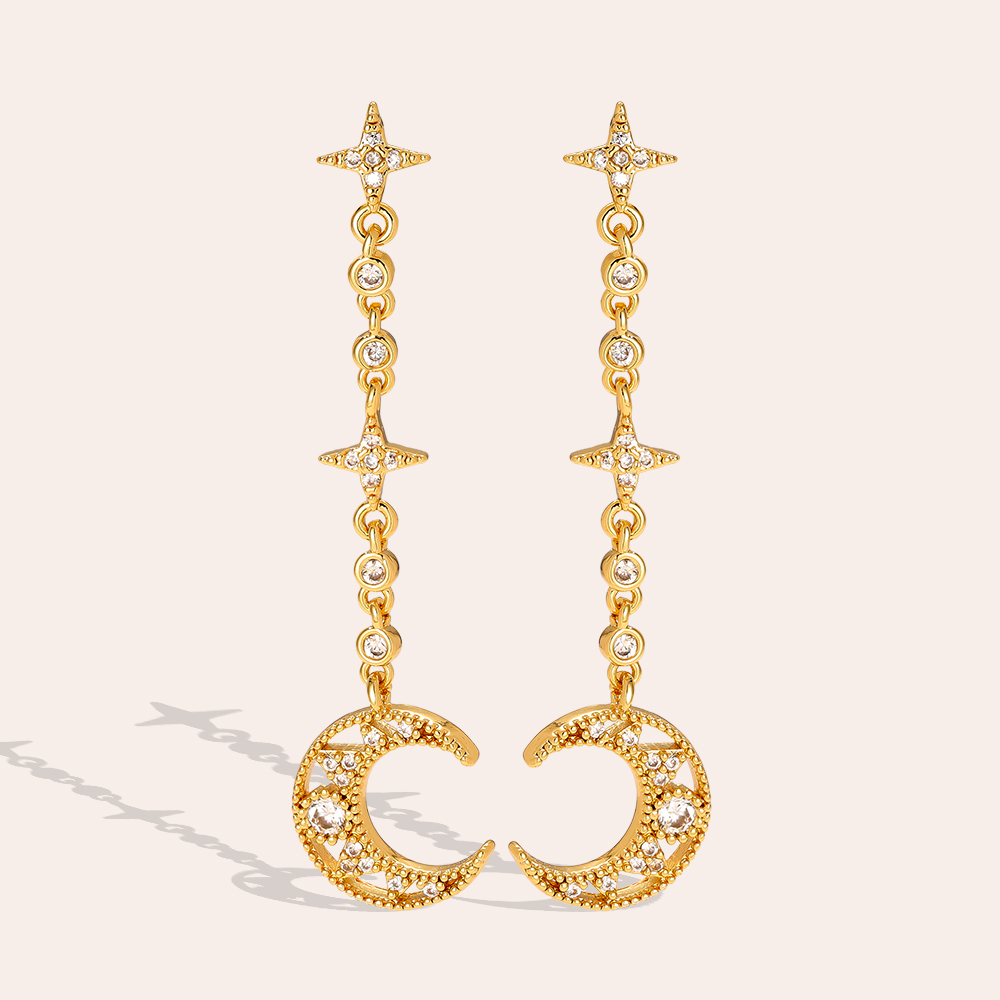 4.4cm Diamond Moon And Star Chain Gold Plated Earrings  