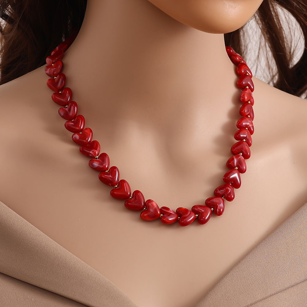 42cm Red Acrylic Heart Chain Stainless Steel Necklace   