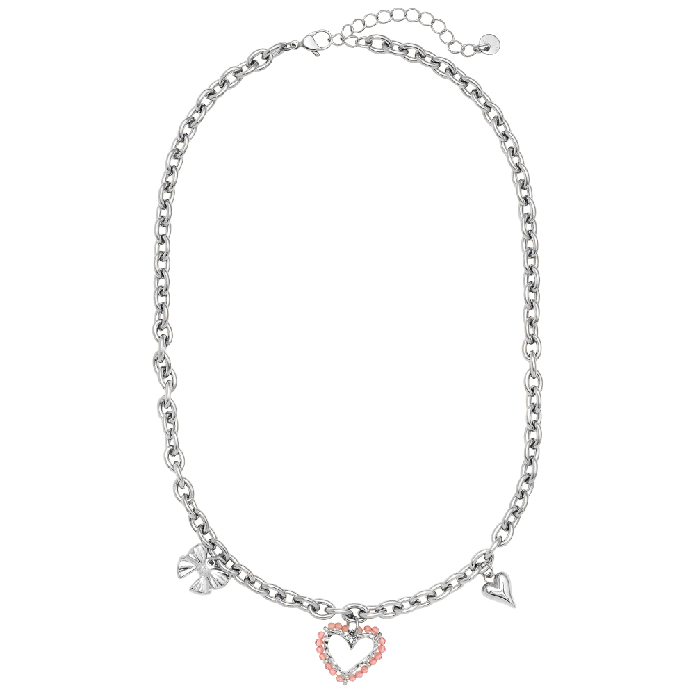42cm Pink Heart And Charms Stainless Steel Necklace      