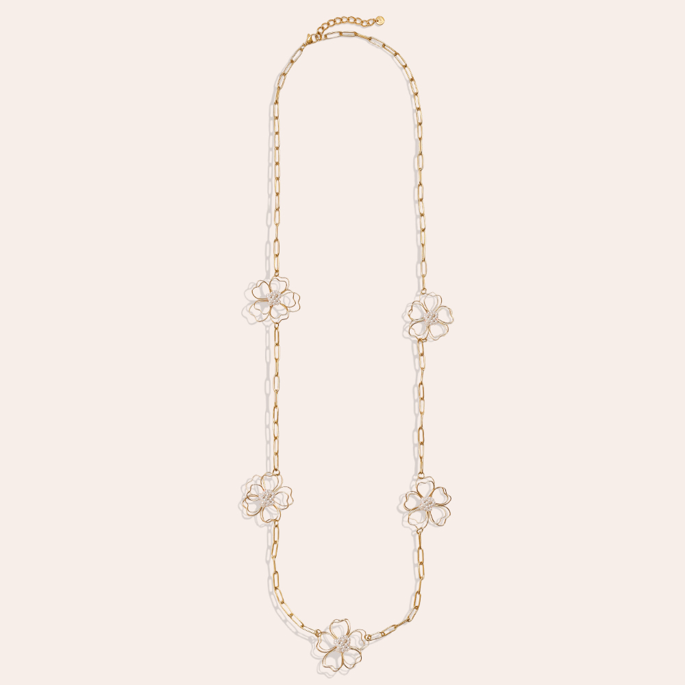 Stainless steel necklace 94cm golden flowers