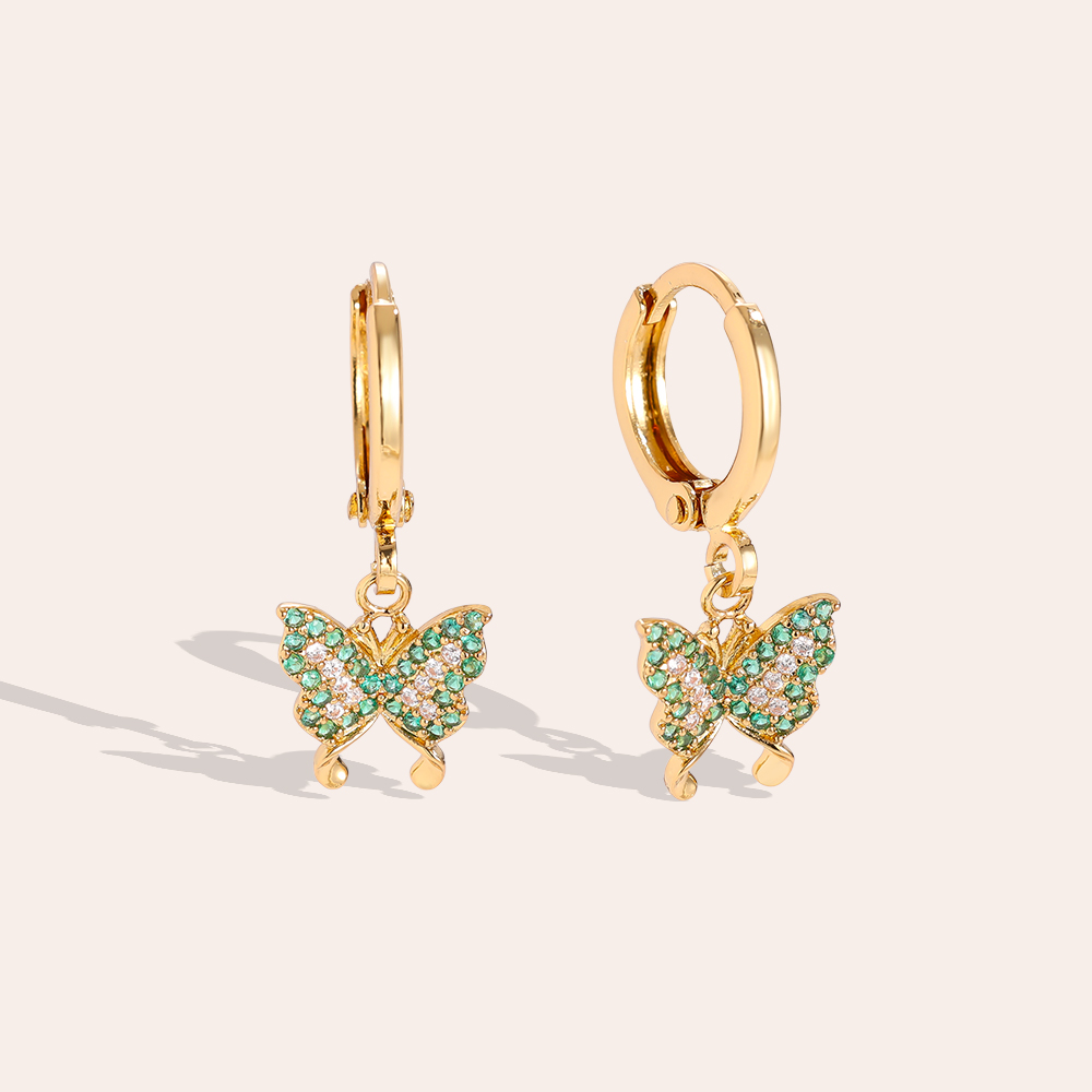 24mm Green Diamond Butterfly Gold Plated Earrings    