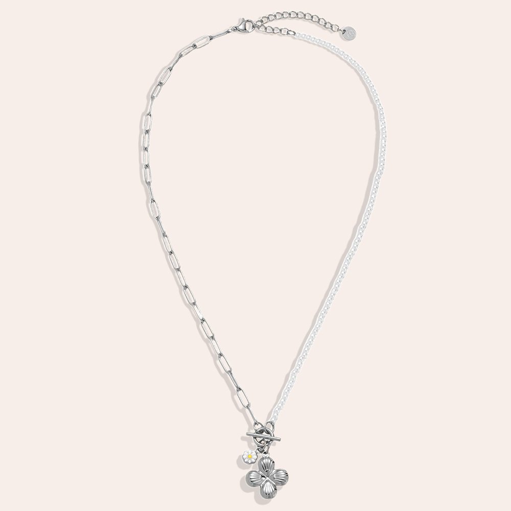 Stainless steel necklace 40cm half-sided faux pearl chain and flower
