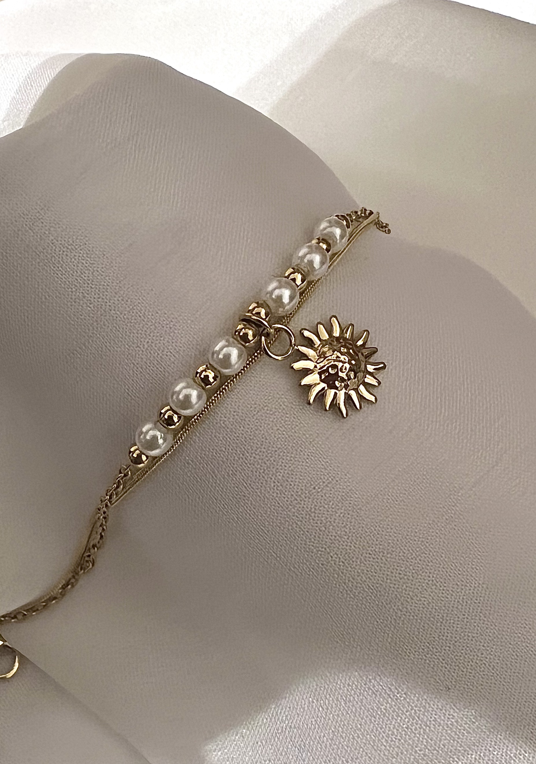 15cm Two Chain Sunflower And Pearl Stainless Steel Bracelet   
