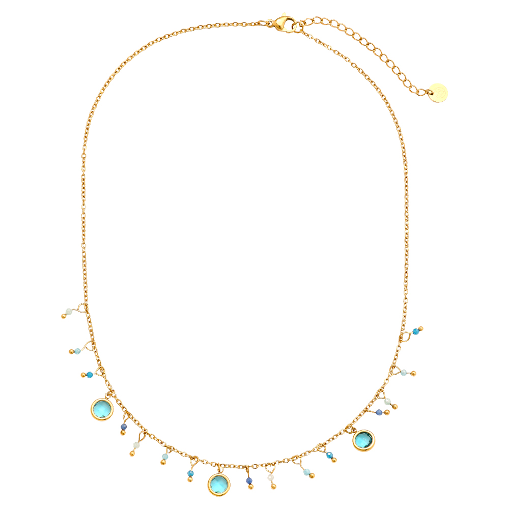 40cm blue glass beads and blue crystals stainless steel necklace  