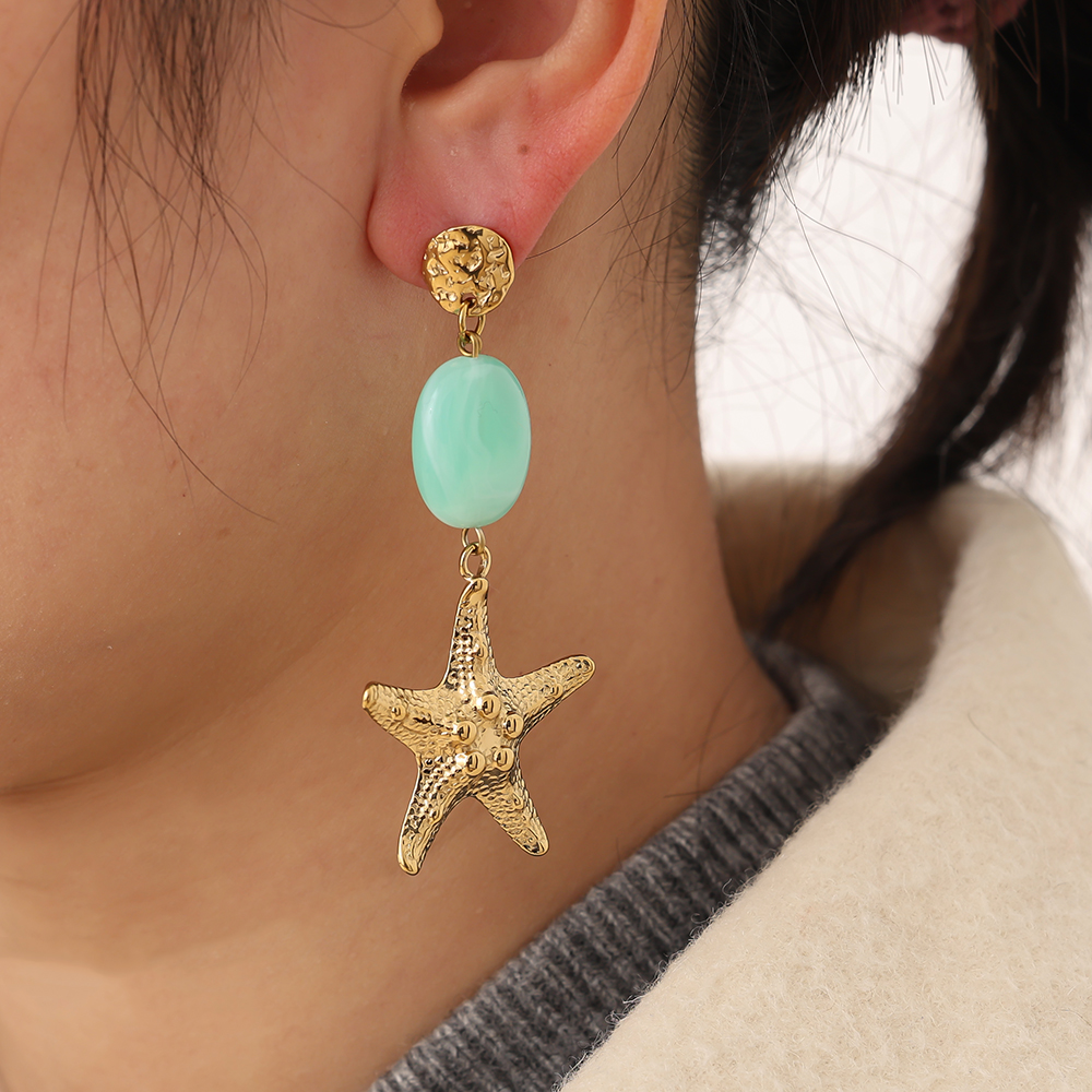 7cm large starfish and green acrylic stainless steel earrings     