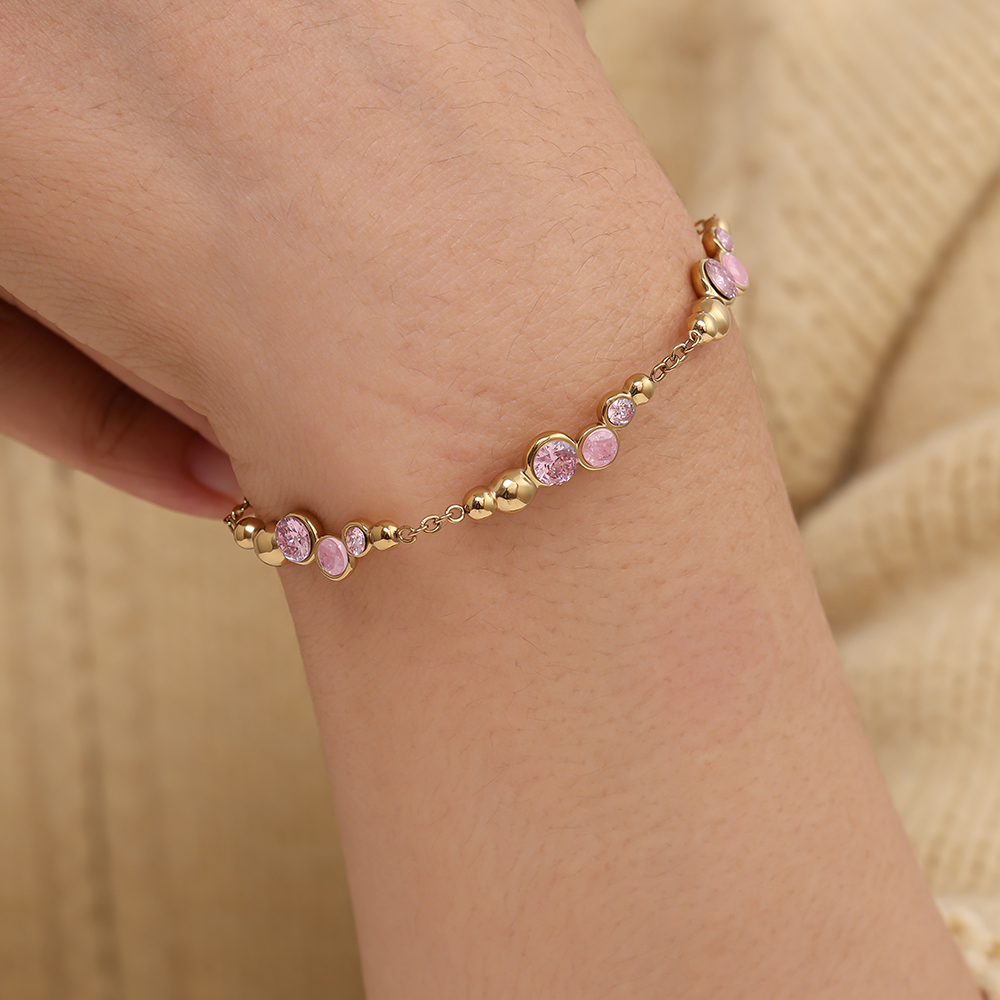 17cm Pro Pink Round Diamond stainless steel bracelet       